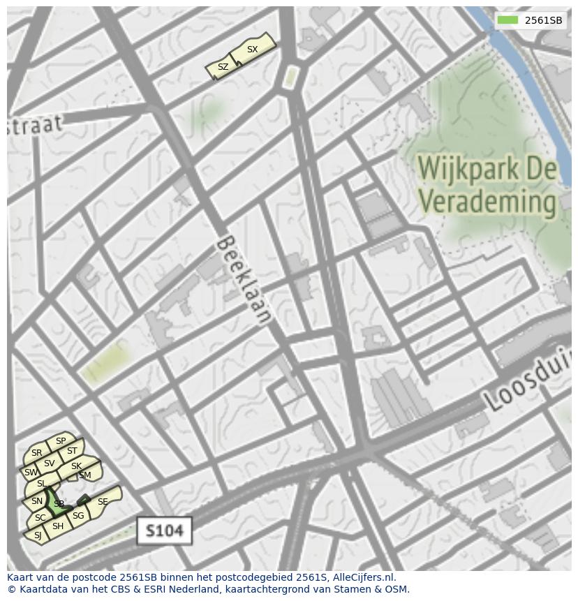 Afbeelding van het postcodegebied 2561 SB op de kaart.