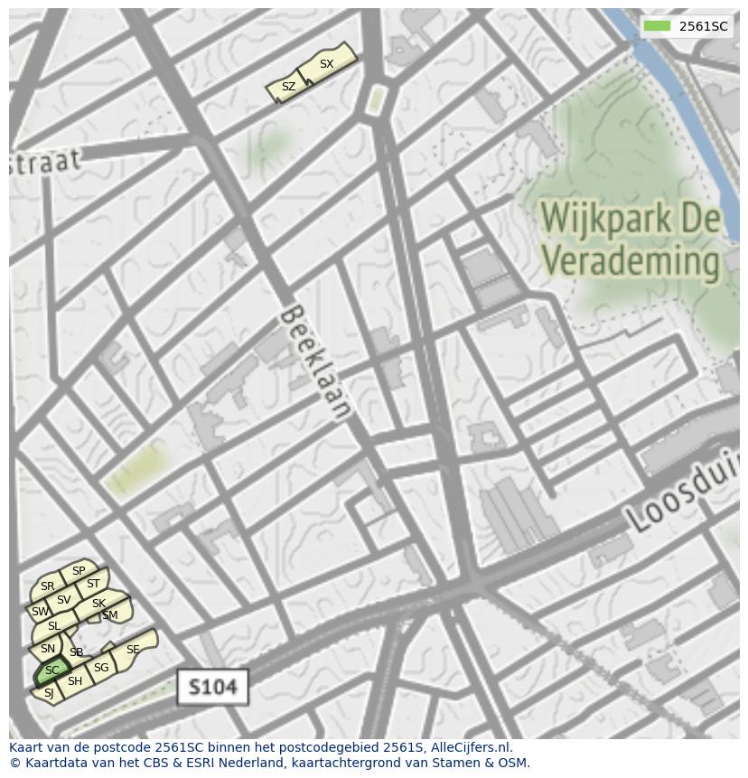 Afbeelding van het postcodegebied 2561 SC op de kaart.