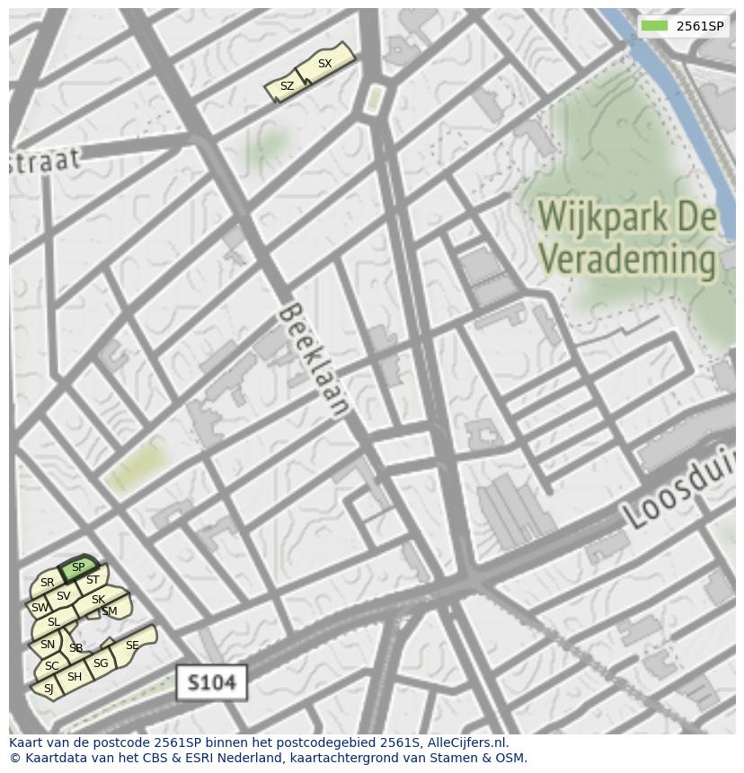 Afbeelding van het postcodegebied 2561 SP op de kaart.