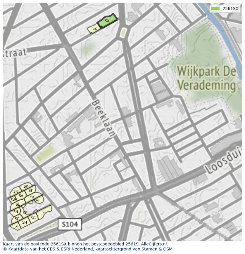 Afbeelding van het postcodegebied 2561 SX op de kaart.