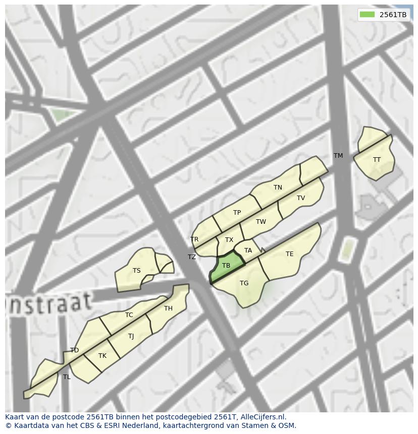 Afbeelding van het postcodegebied 2561 TB op de kaart.