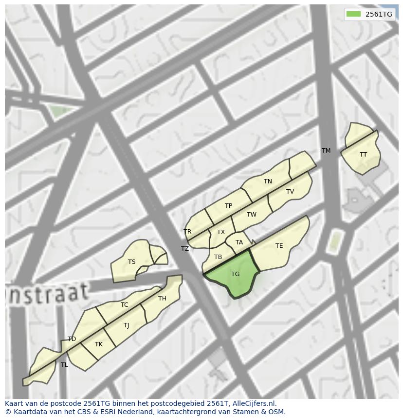Afbeelding van het postcodegebied 2561 TG op de kaart.