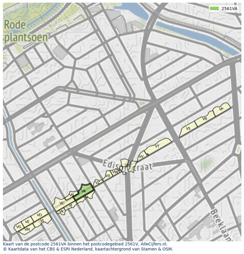 Afbeelding van het postcodegebied 2561 VA op de kaart.