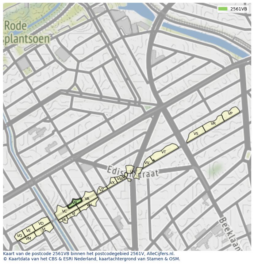 Afbeelding van het postcodegebied 2561 VB op de kaart.