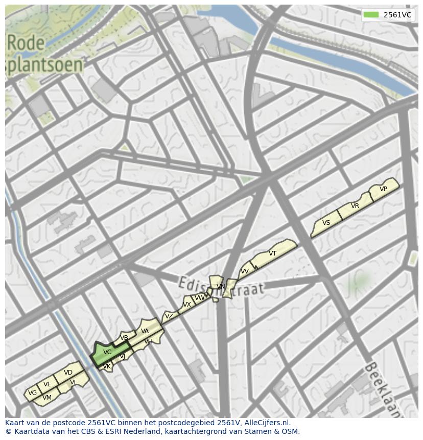 Afbeelding van het postcodegebied 2561 VC op de kaart.