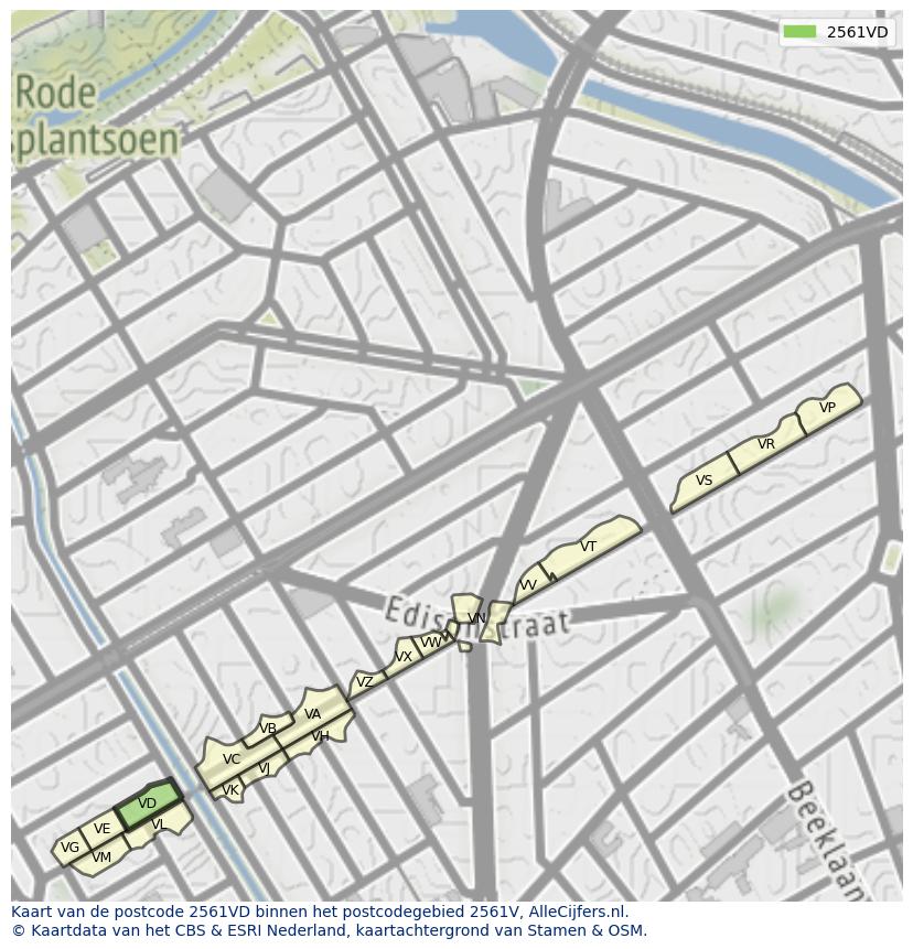 Afbeelding van het postcodegebied 2561 VD op de kaart.