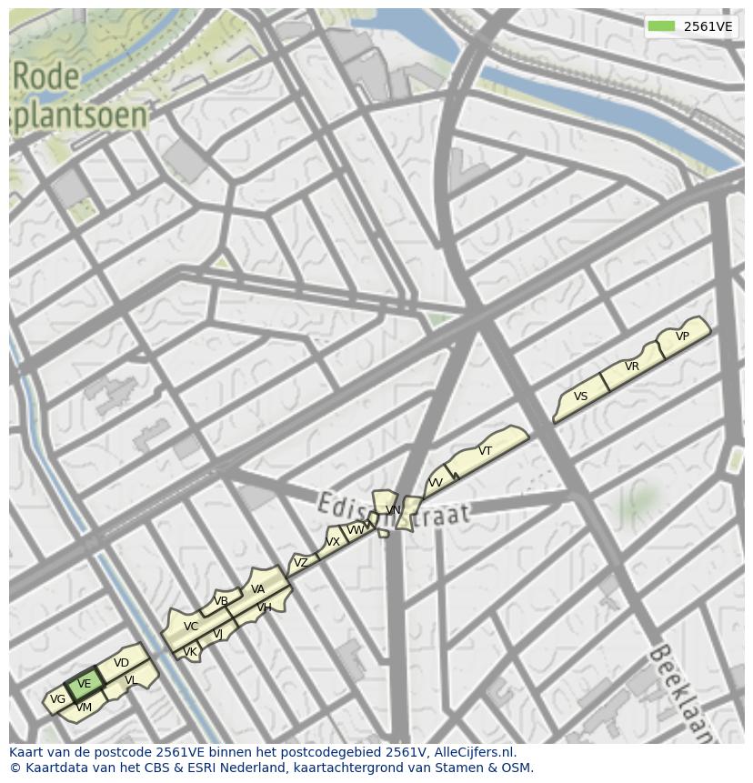 Afbeelding van het postcodegebied 2561 VE op de kaart.