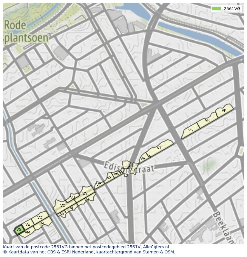 Afbeelding van het postcodegebied 2561 VG op de kaart.