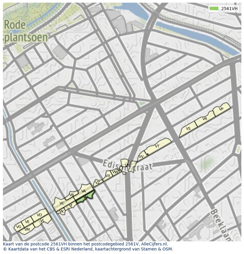 Afbeelding van het postcodegebied 2561 VH op de kaart.
