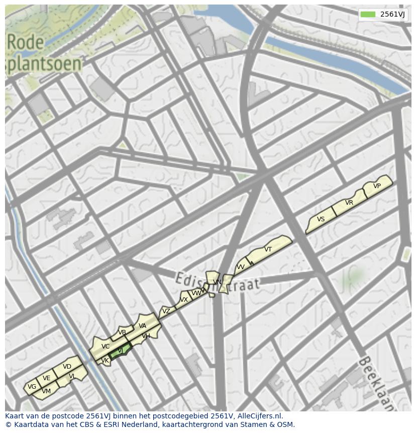 Afbeelding van het postcodegebied 2561 VJ op de kaart.