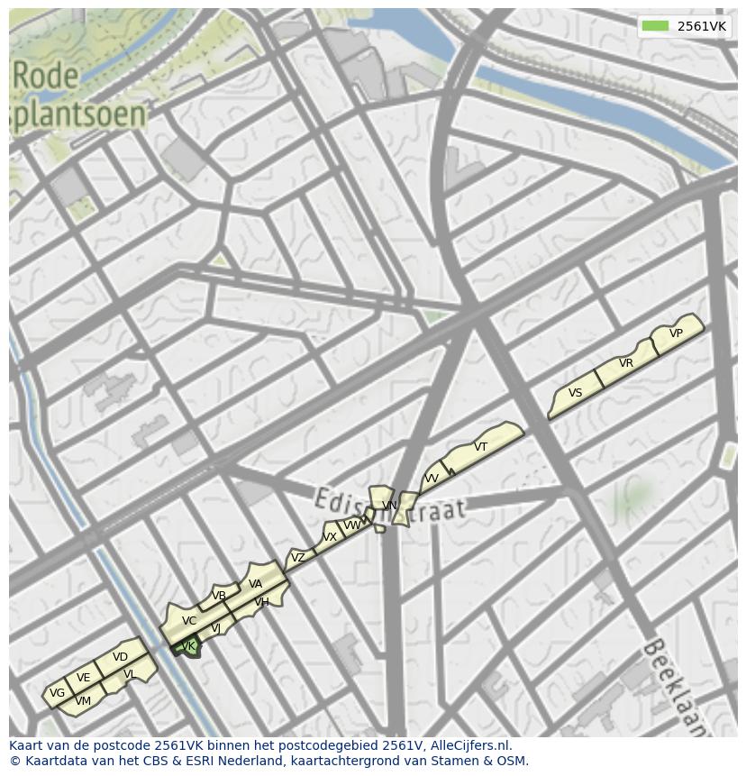 Afbeelding van het postcodegebied 2561 VK op de kaart.