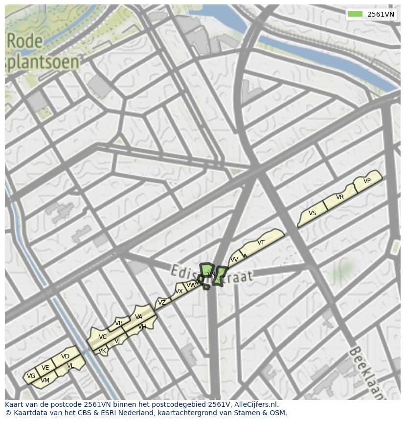 Afbeelding van het postcodegebied 2561 VN op de kaart.