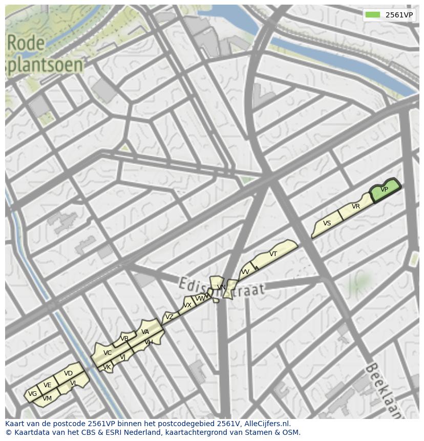 Afbeelding van het postcodegebied 2561 VP op de kaart.
