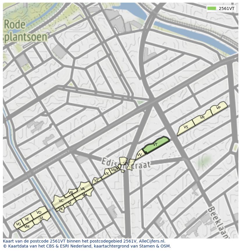 Afbeelding van het postcodegebied 2561 VT op de kaart.