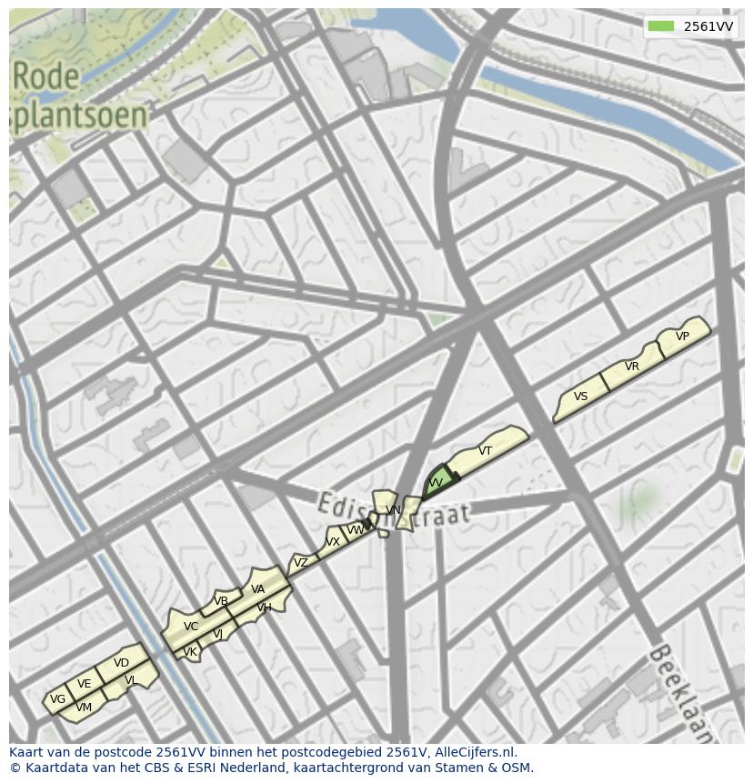 Afbeelding van het postcodegebied 2561 VV op de kaart.