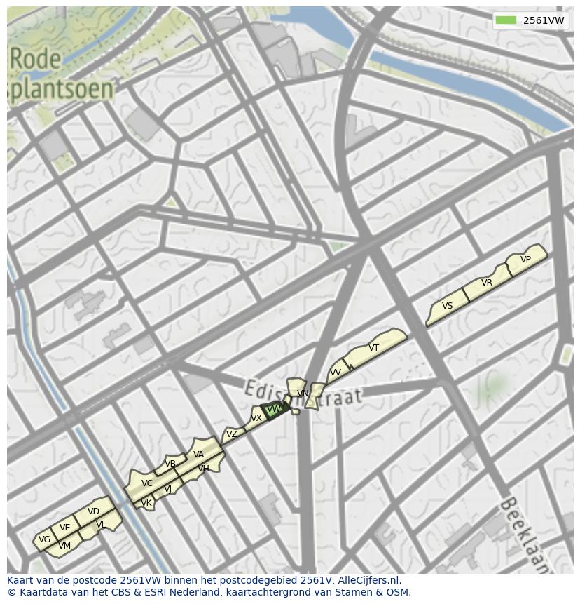 Afbeelding van het postcodegebied 2561 VW op de kaart.