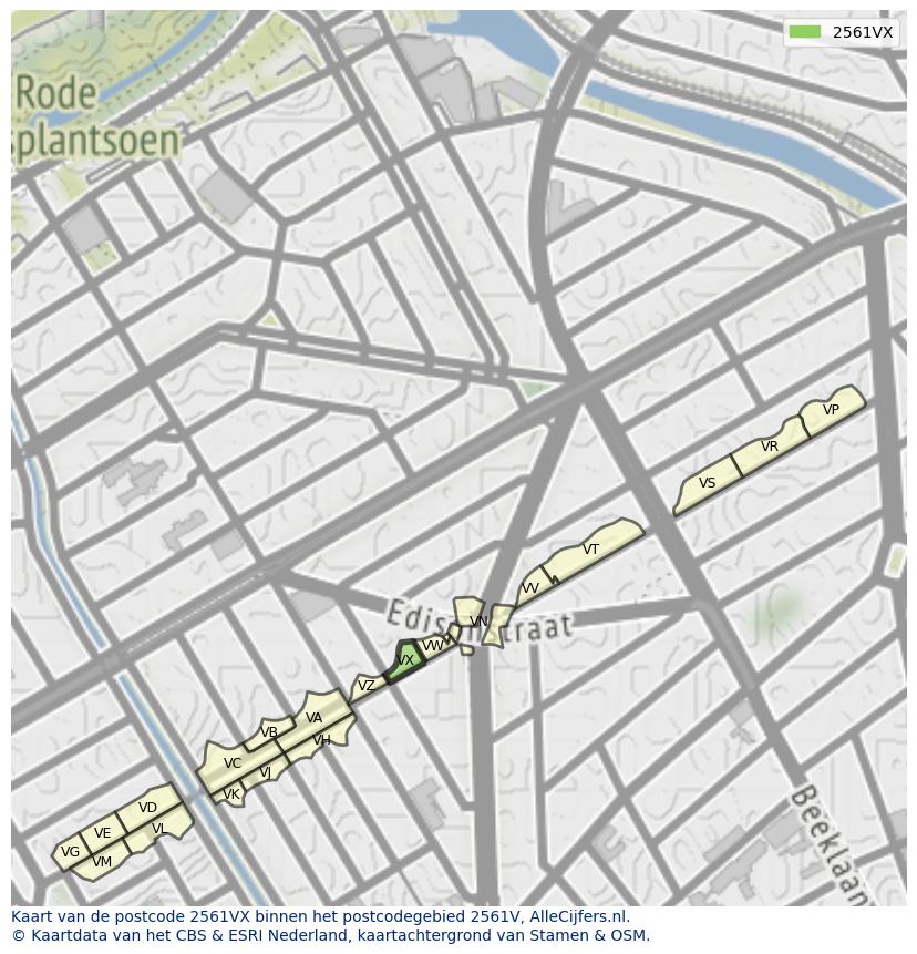 Afbeelding van het postcodegebied 2561 VX op de kaart.