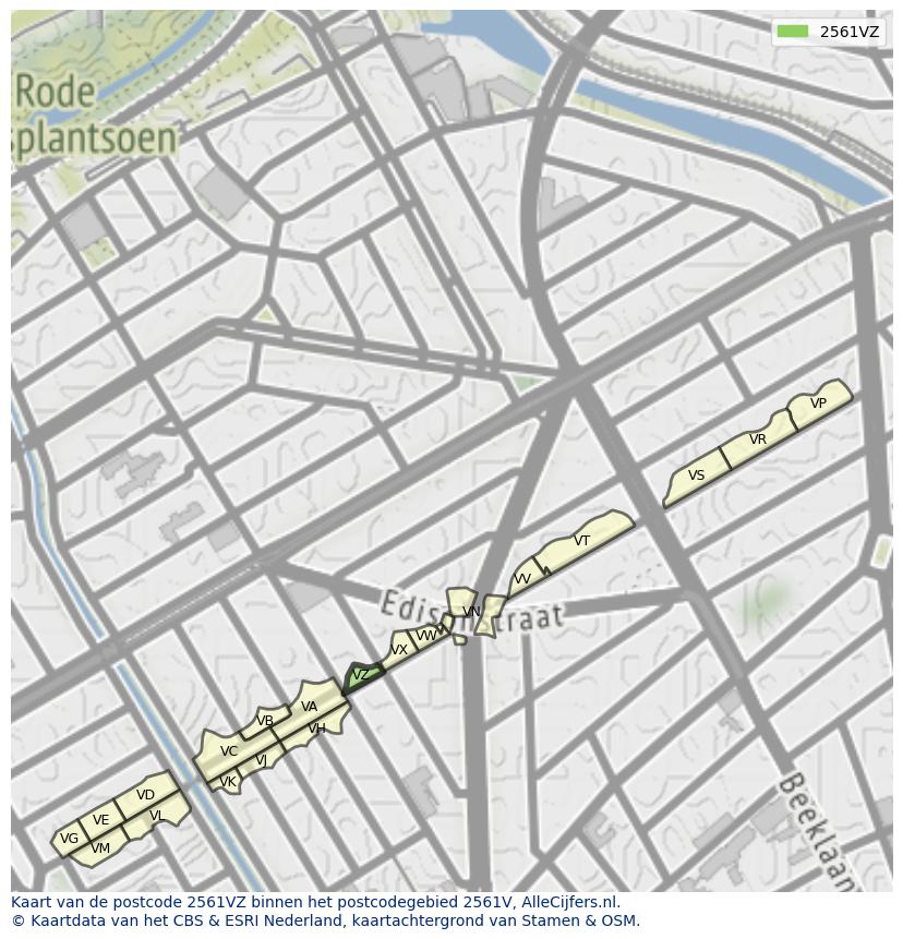 Afbeelding van het postcodegebied 2561 VZ op de kaart.