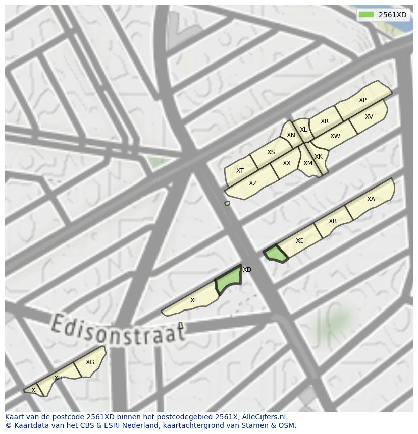 Afbeelding van het postcodegebied 2561 XD op de kaart.