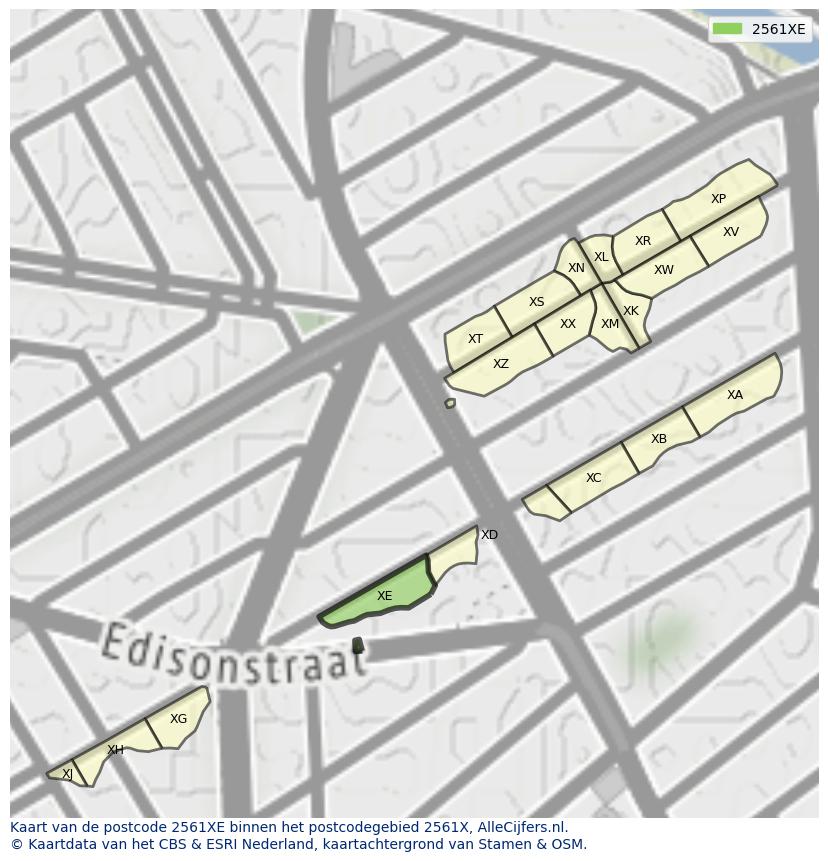 Afbeelding van het postcodegebied 2561 XE op de kaart.