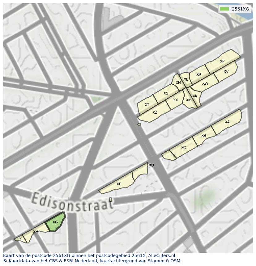 Afbeelding van het postcodegebied 2561 XG op de kaart.