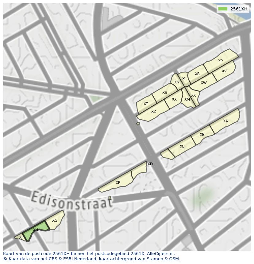 Afbeelding van het postcodegebied 2561 XH op de kaart.