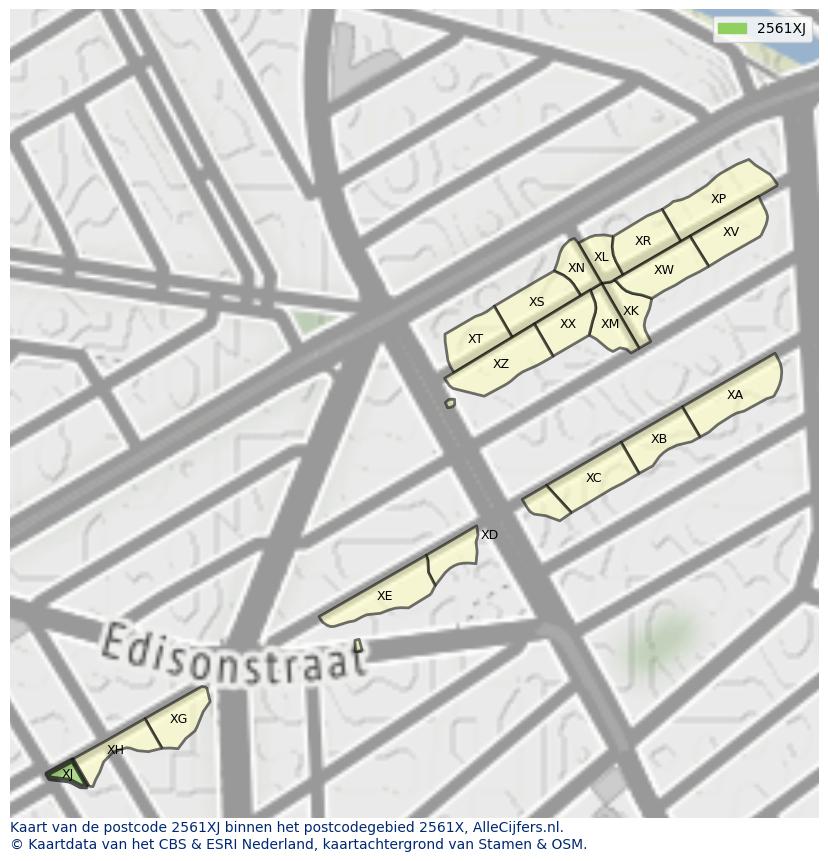 Afbeelding van het postcodegebied 2561 XJ op de kaart.