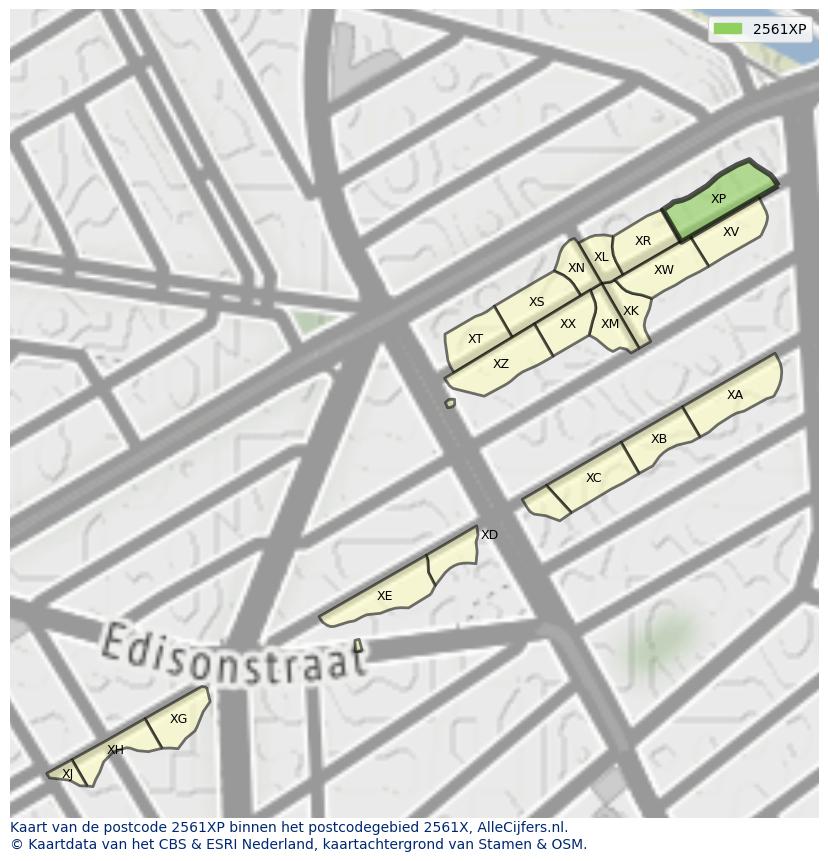 Afbeelding van het postcodegebied 2561 XP op de kaart.