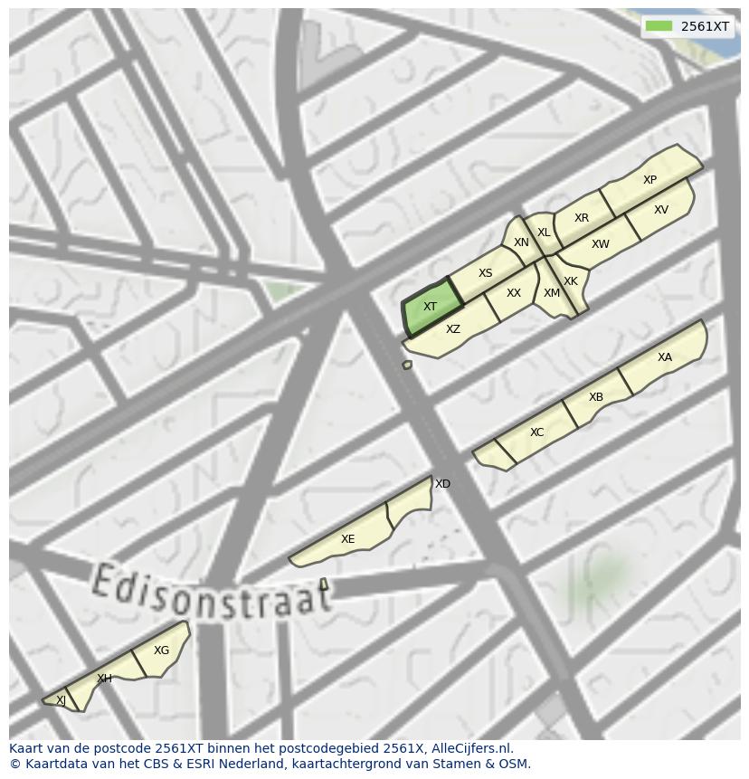 Afbeelding van het postcodegebied 2561 XT op de kaart.