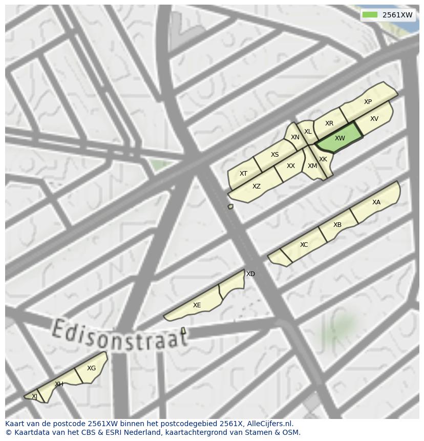 Afbeelding van het postcodegebied 2561 XW op de kaart.