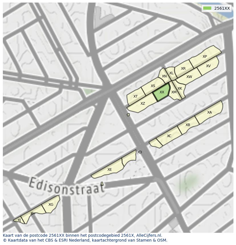Afbeelding van het postcodegebied 2561 XX op de kaart.