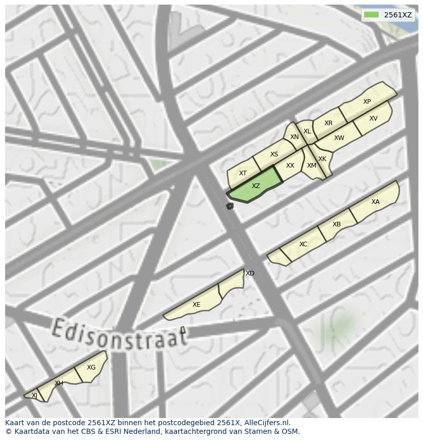 Afbeelding van het postcodegebied 2561 XZ op de kaart.