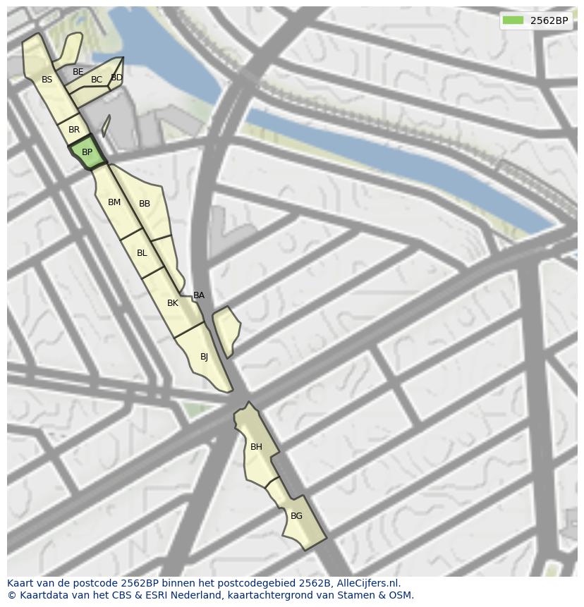Afbeelding van het postcodegebied 2562 BP op de kaart.