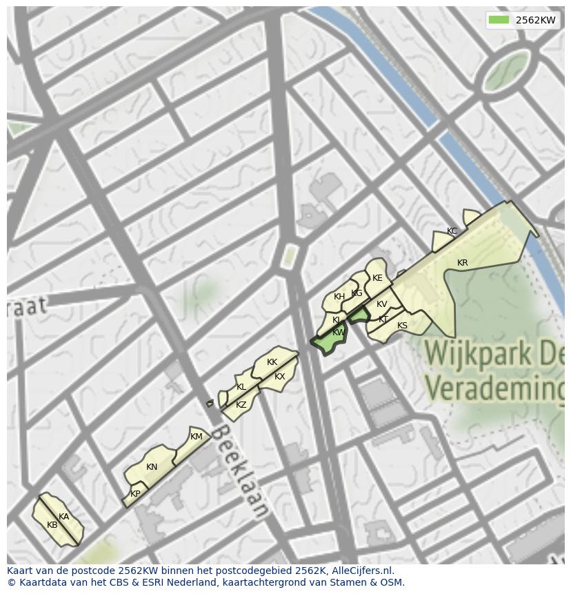 Afbeelding van het postcodegebied 2562 KW op de kaart.