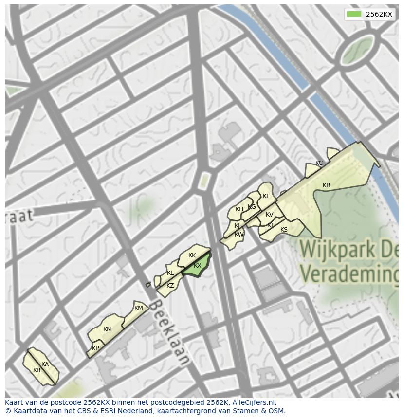 Afbeelding van het postcodegebied 2562 KX op de kaart.