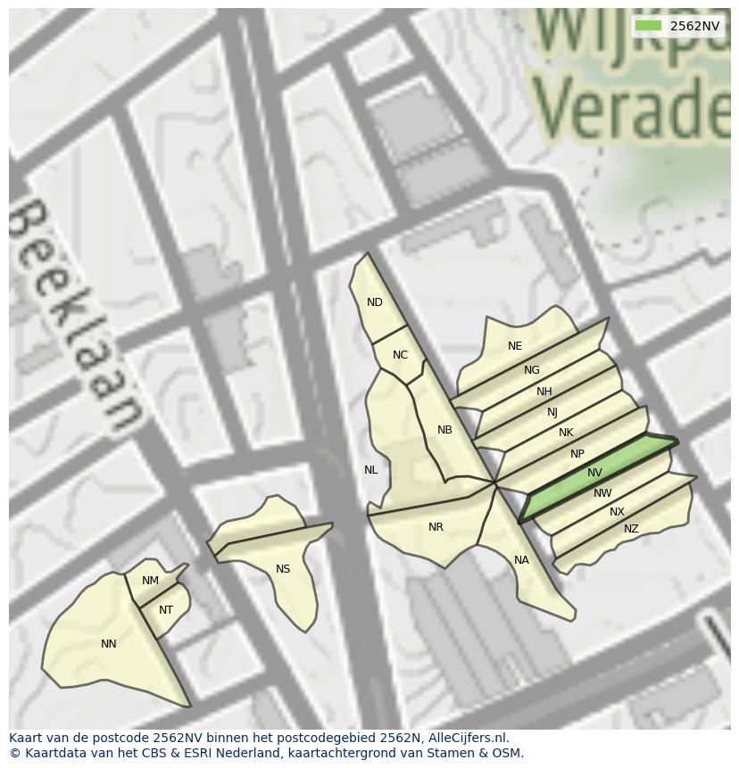 Afbeelding van het postcodegebied 2562 NV op de kaart.