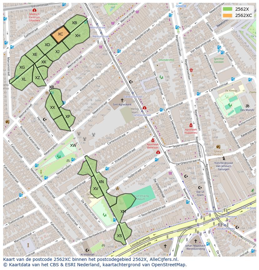Afbeelding van het postcodegebied 2562 XC op de kaart.