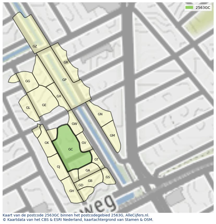 Afbeelding van het postcodegebied 2563 GC op de kaart.
