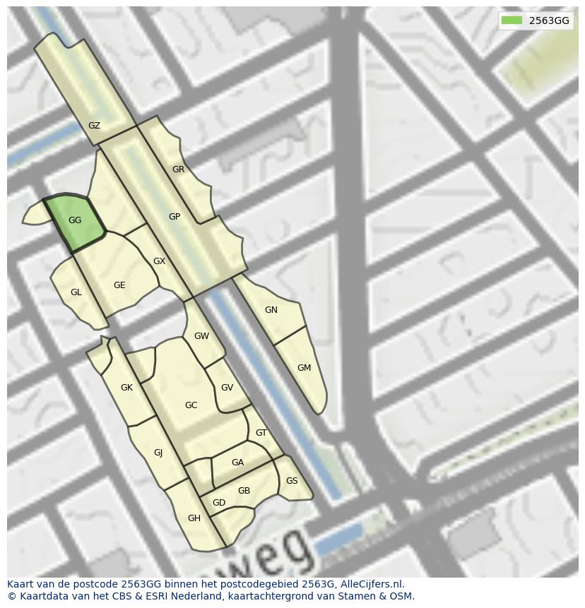 Afbeelding van het postcodegebied 2563 GG op de kaart.