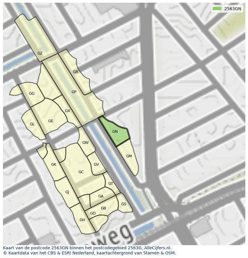 Afbeelding van het postcodegebied 2563 GN op de kaart.