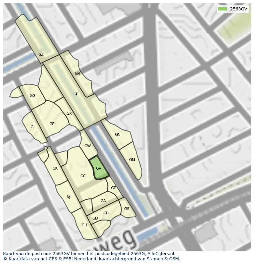 Afbeelding van het postcodegebied 2563 GV op de kaart.