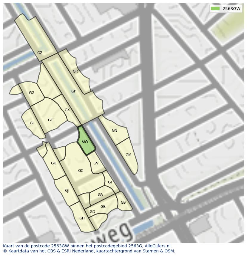 Afbeelding van het postcodegebied 2563 GW op de kaart.