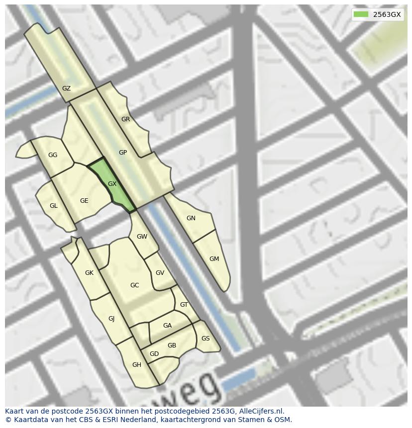 Afbeelding van het postcodegebied 2563 GX op de kaart.