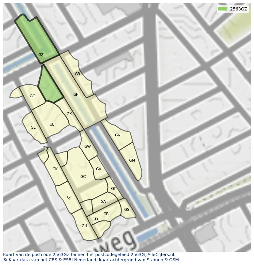 Afbeelding van het postcodegebied 2563 GZ op de kaart.
