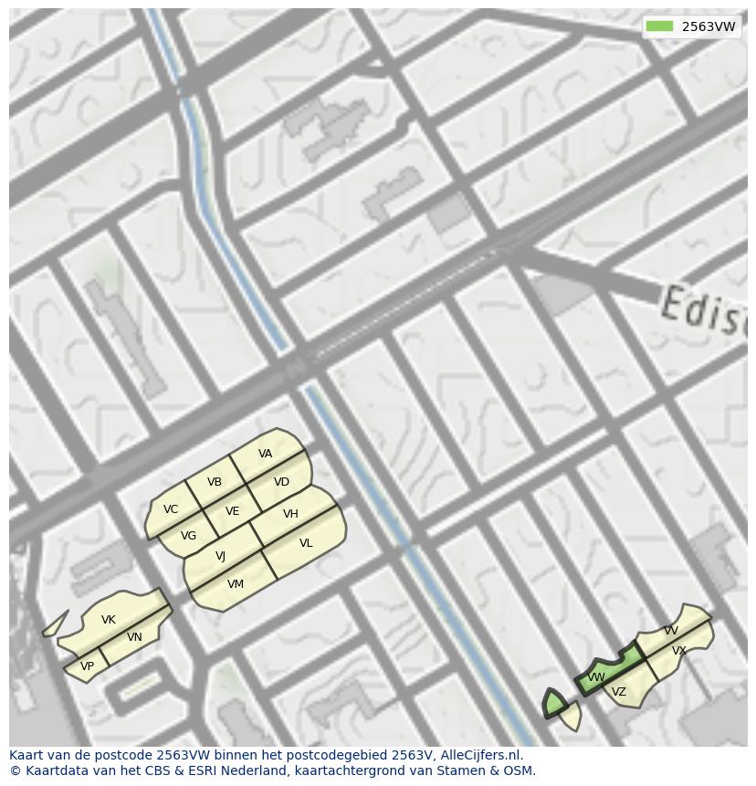 Afbeelding van het postcodegebied 2563 VW op de kaart.
