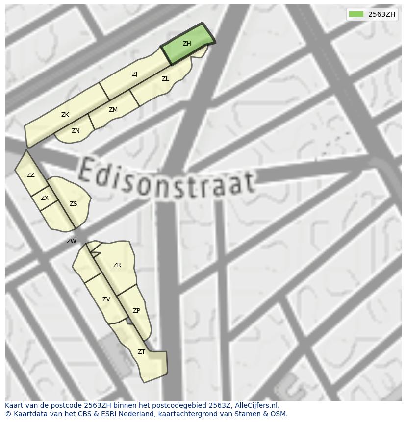Afbeelding van het postcodegebied 2563 ZH op de kaart.