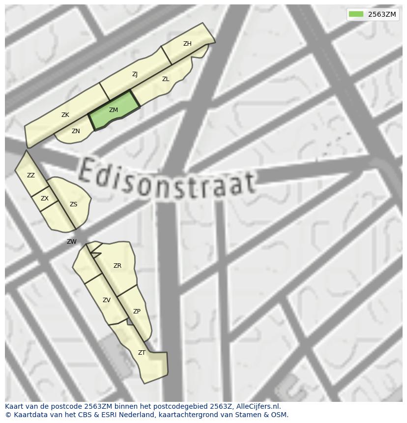 Afbeelding van het postcodegebied 2563 ZM op de kaart.