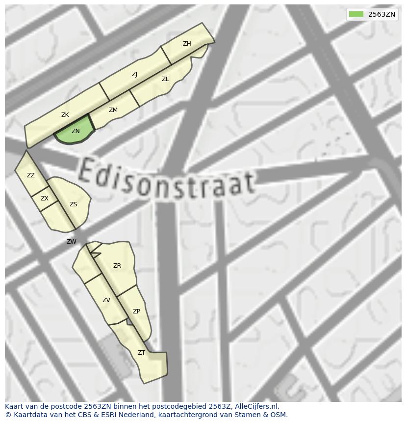Afbeelding van het postcodegebied 2563 ZN op de kaart.