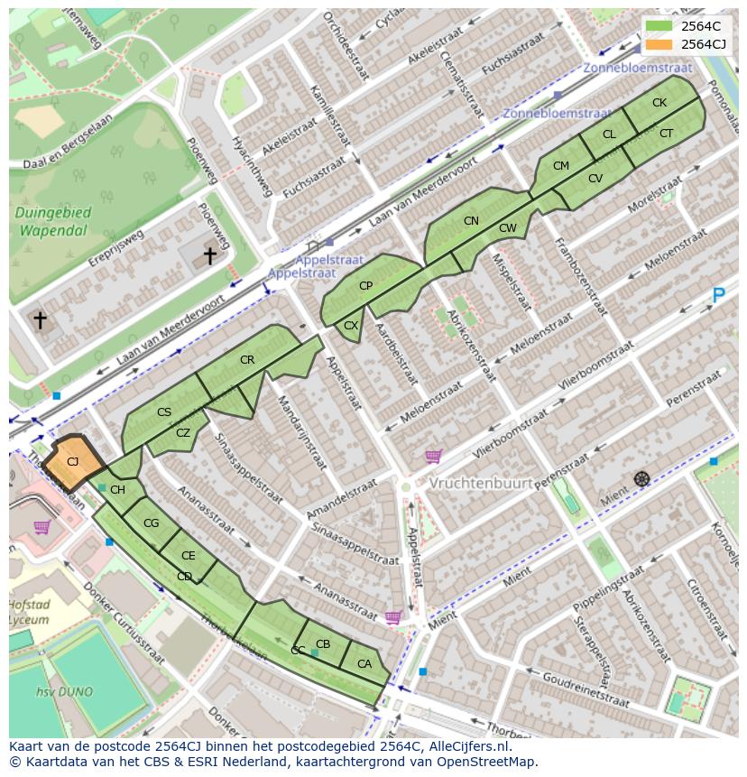 Afbeelding van het postcodegebied 2564 CJ op de kaart.