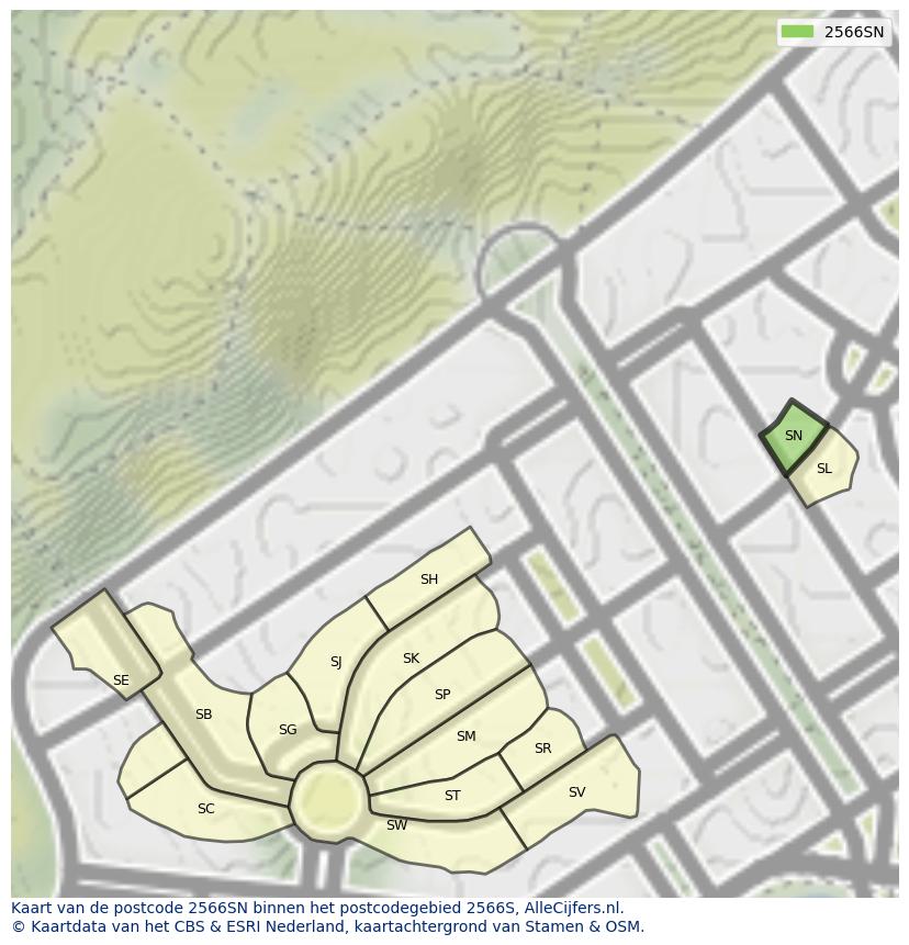 Afbeelding van het postcodegebied 2566 SN op de kaart.